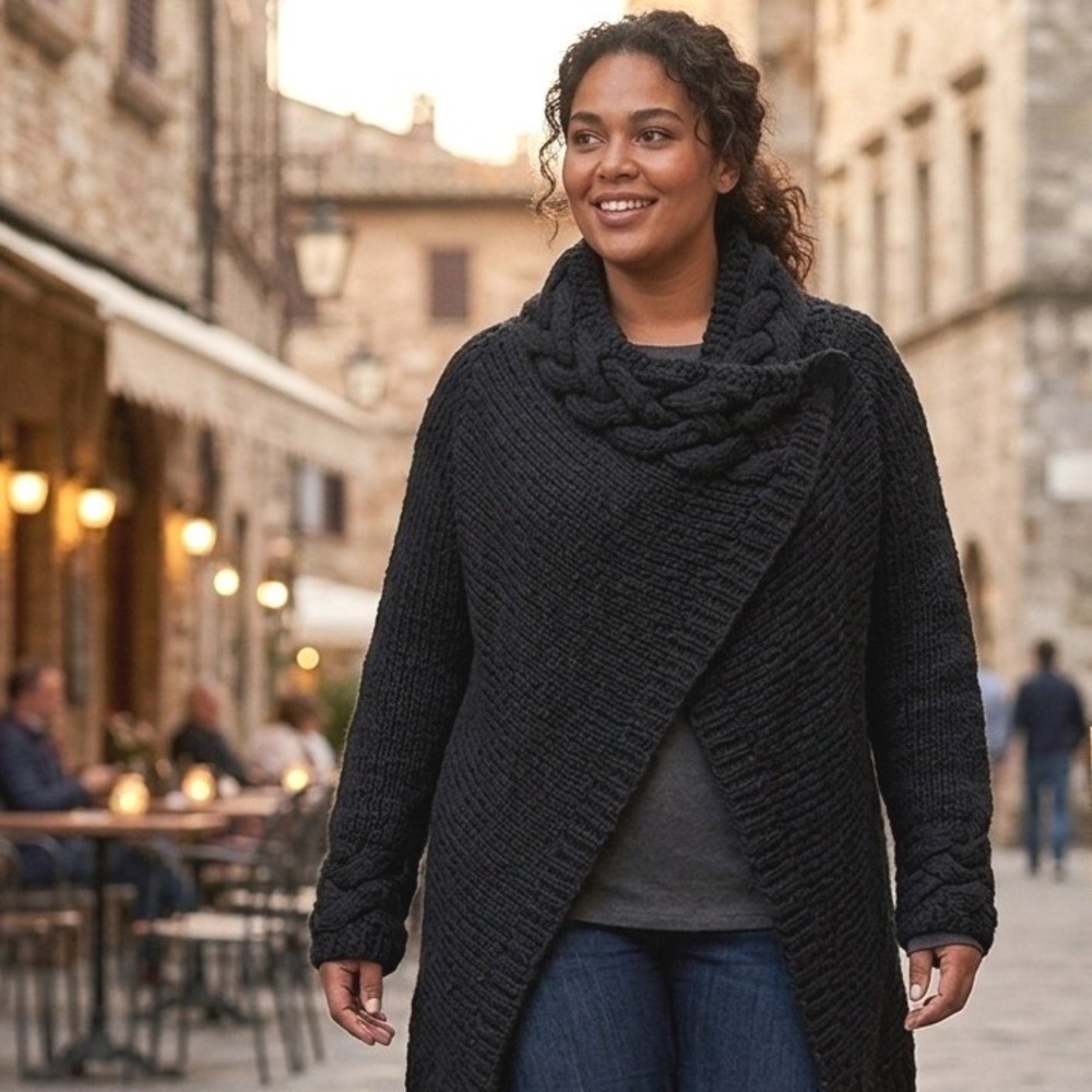 Oveja Negra Riona Handknit Wool Silk Blend Black Chunky Wrap Cardigan Sweater